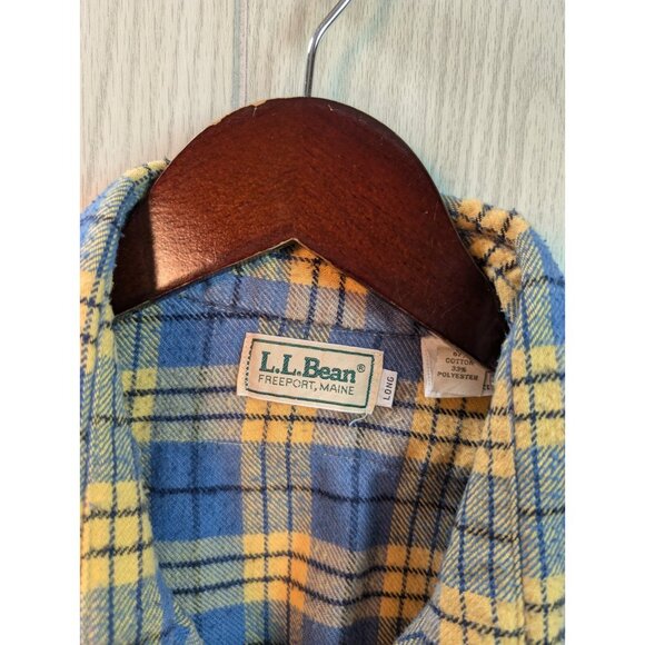 LL Bean Freeport Maine Flannel Shirt Plaid Yellow Button Up Men’s Size 17 Long - Picture 3 of 8